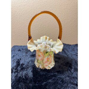 Vintage Fenton Hibiscus Glass Basket With Ruffled Edge Signed Pamela Fleak
